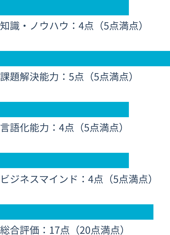 知識・ノウハウ：4点（5点満点） 課題解決能力：5点（5点満点） 言語化能力：4点（5点満点） ビジネスマインド：4点（5点満点） 総合評価：17点（20点満点）