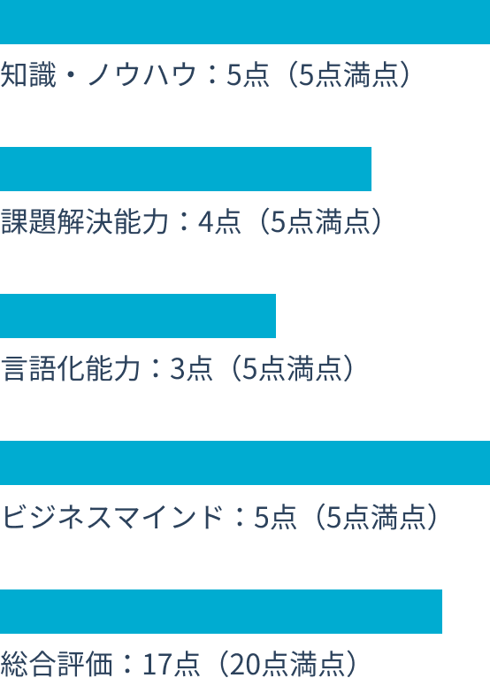 知識・ノウハウ：5点（5点満点） 課題解決能力：4点（5点満点） 言語化能力：3点（5点満点） ビジネスマインド：5点（5点満点） 総合評価：17点（20点満点）