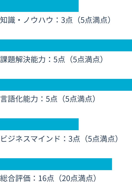 知識・ノウハウ：3点（5点満点） 課題解決能力：5点（5点満点） 言語化能力：5点（5点満点） ビジネスマインド：3点（5点満点） 総合評価：16点（20点満点）