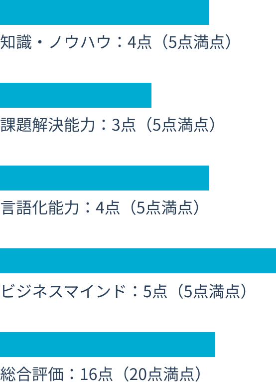 知識・ノウハウ：4点（5点満点） 課題解決能力：3点（5点満点） 言語化能力：4点（5点満点） ビジネスマインド：5点（5点満点） 総合評価：16点（20点満点）